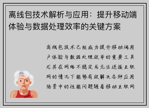 离线包技术解析与应用：提升移动端体验与数据处理效率的关键方案