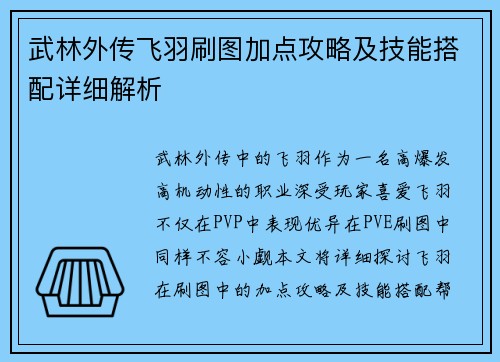 武林外传飞羽刷图加点攻略及技能搭配详细解析